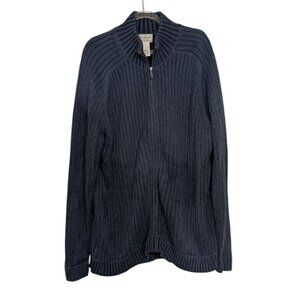 LL Bean Ribbed Sweater Mens Size Large Blue Cotton Knit Full Zip Mock Neck